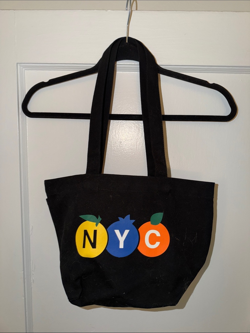 Whole Foods black small NYC Fruit Graphic Tote Bag